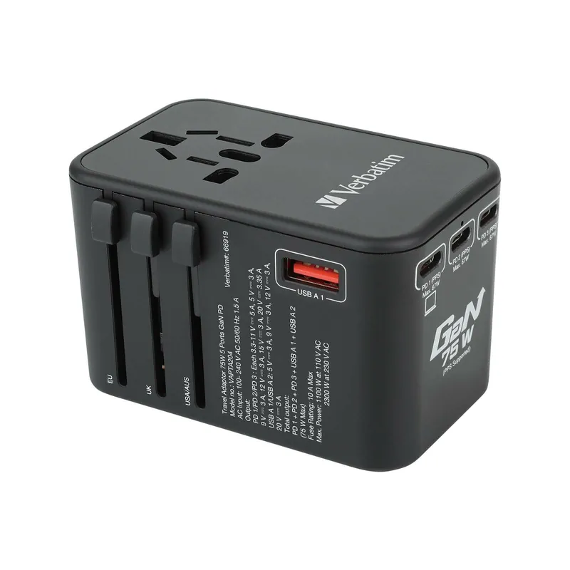 5 Port 75W PD 3.0 & QC 3.0 GaN  通用旅行轉插(黑色)