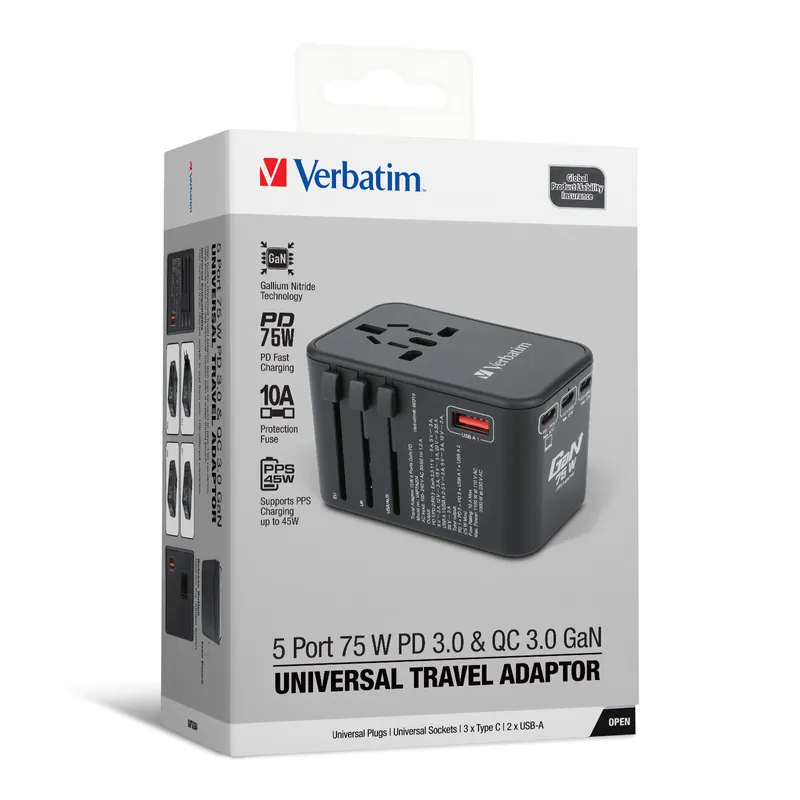 VERBATIM 5 Port 75W PD 3.0 & QC 3.0 GaN  通用旅行轉插(黑色) thumbnail 5