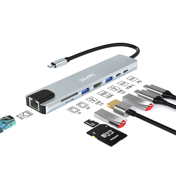 DIYPC 8 IN 1 ALUMINIUM TYPE-C HUB thumbnail 2