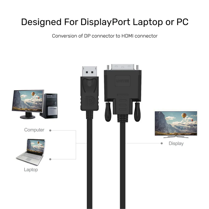 UNITEK 1.8M DISPLAYPORT DVI MALE CABLE CONVERTER thumbnail 4
